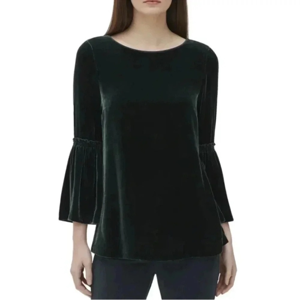Lafayette 148 Roslin Velvet Silk Bell Sleeve Blouse Dark Green‎